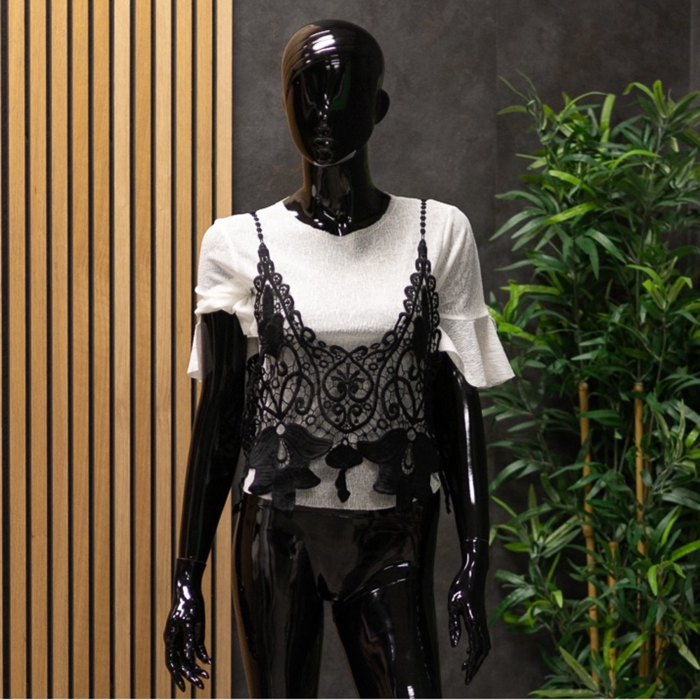 Casting LA White T-shirt w/ Black Lace, Size M
